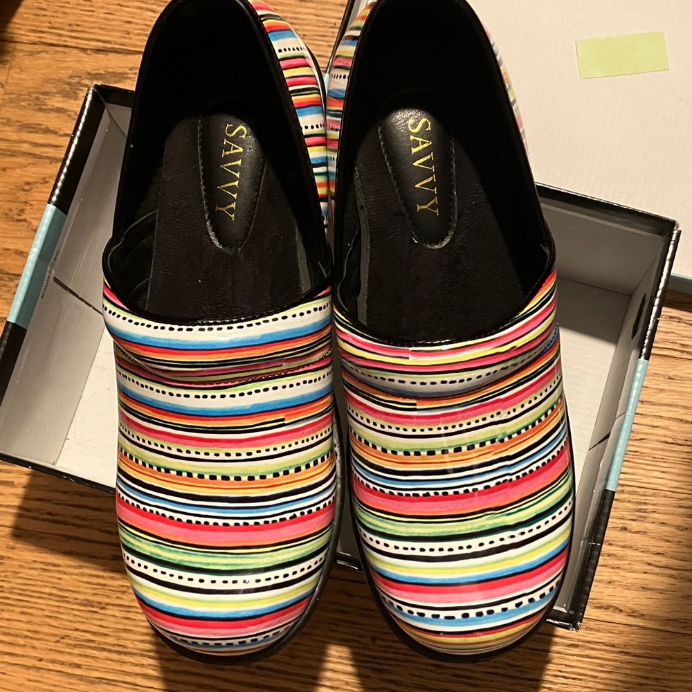 🆕 Savvy Colorful Striped Slip-On Shoes padded footbed and arch support T.T.S